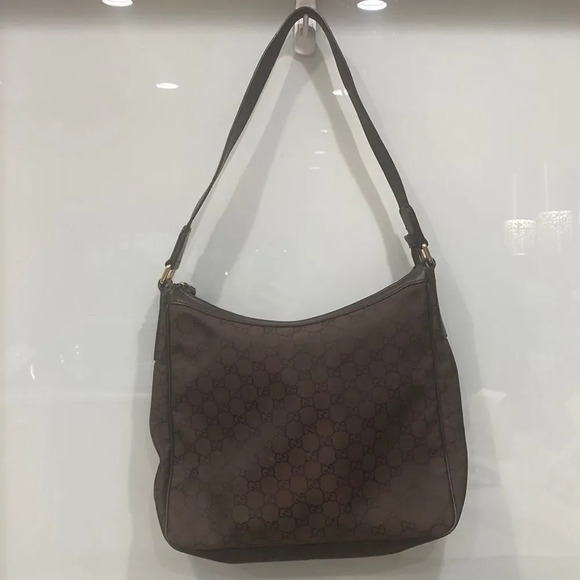 Gucci Canvas Brown Nylon Logo Print Leather Hobo Shoulder Tote Bag Purse - Picture 1 of 10